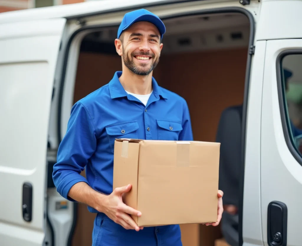 courier-blue-clothes-holds-box-his-hands-near-white-van-concept-parcel-delivery